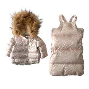 Papermoon Down Fill Hooded Bunting with Fox Fur Trim, Baby's Size 6-12Mo, Pink